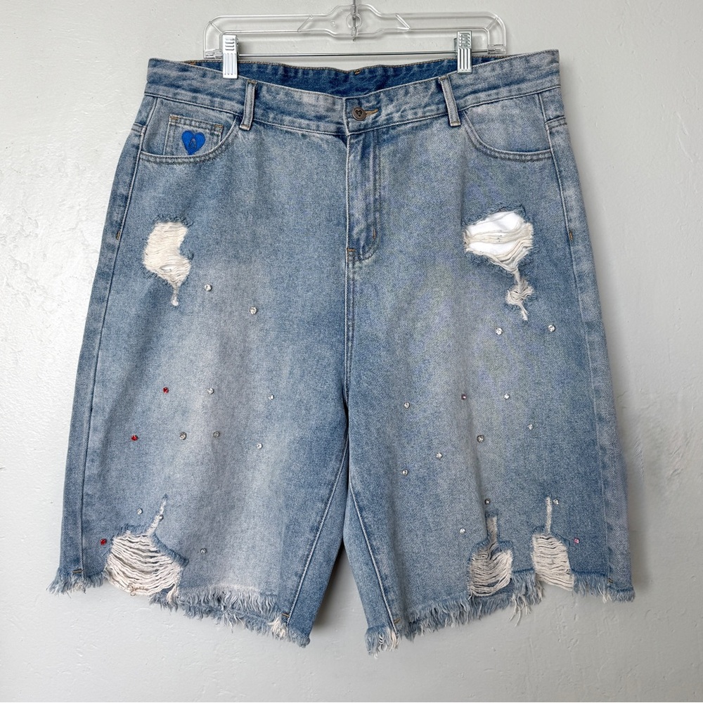 Aelfric Eden Light Blue Denim Rhinestone Application Jorts Size 38